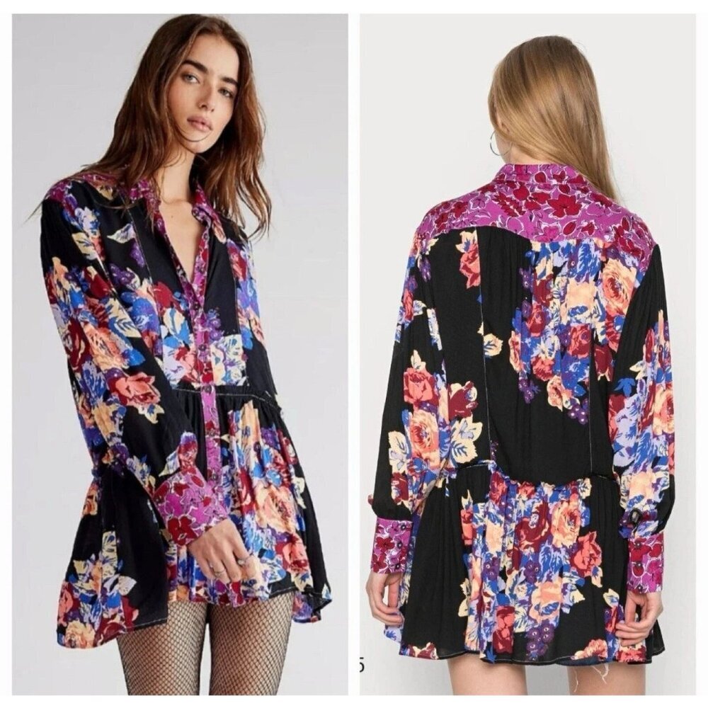 Free People Floral Brunch A Bunch Floral Tunic Top Bohemian Black Size M Summer